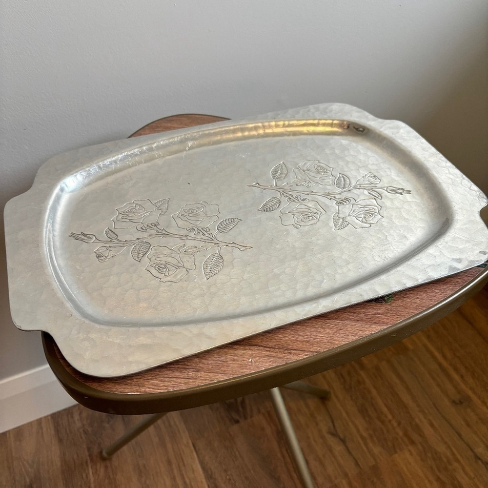 Wrought Farberware Aluminum Hammered Serving Tray, Silver Rose, Circa 1940s